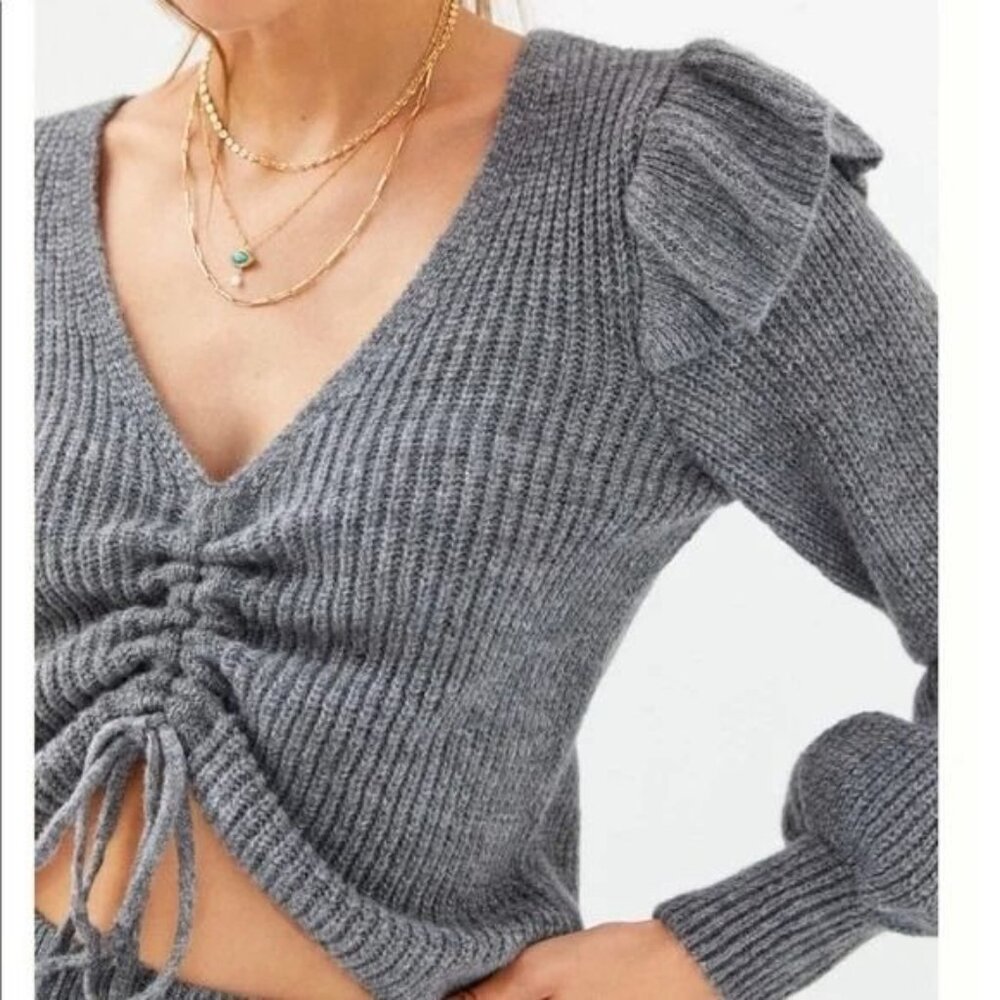 Gray Ruched V-Neck Knit Sweater - Picture 2 of 6